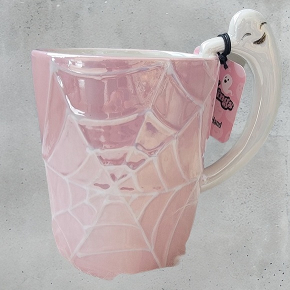 Hand Painted Pink Spider Web Halloween Mug with Ghost Handle - Picture 1 of 5